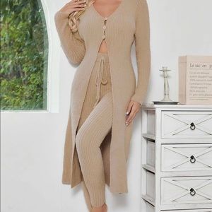 Button Front Longline Cardigan & Knot Waist Pants Set